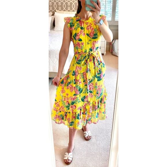 Banjanan Bella Midi Dress Yellow Aurora Print Ruffle Cotton Tie Waist Tuckernuck - Picture 5 of 15